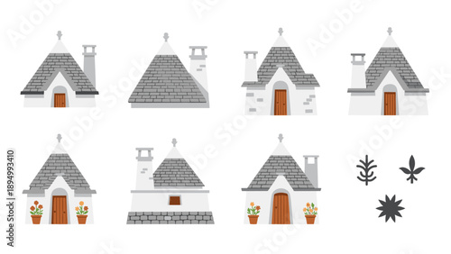 Collection of charming cartoon trulli houses with unique architectural details and decorative elements