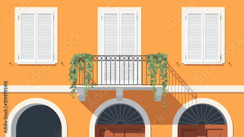 Charming Italian building facade with a balcony adorned with hanging plants and shutters