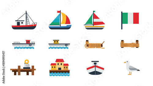 Collection of nautical and marine icons featuring boats, flags, and seaside elements