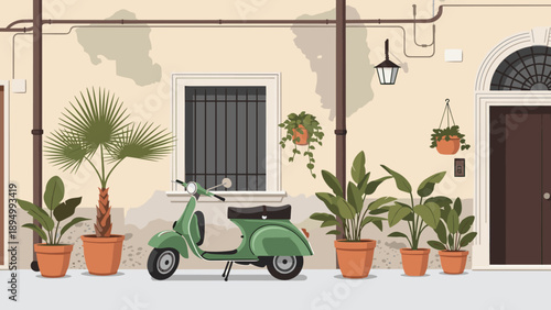 Charming Italian street scene with a vintage green scooter and potted plants