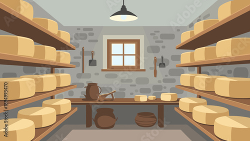 Cheese wheels aging on shelves in a rustic cellar with stone walls and a small window