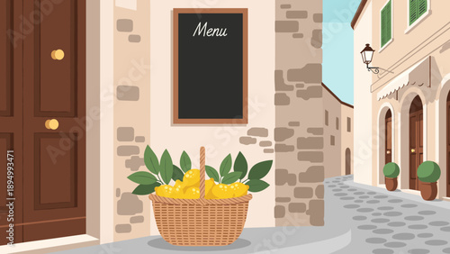 Charming Italian street scene with a basket of lemons and a menu board outside a cafe