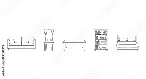 Set of furniture line drawings on white background.