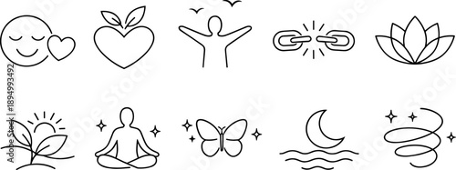 Collection of simple line icons representing wellness, self-care, and positive emotions