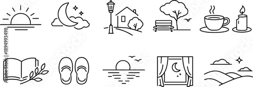 Collection of simple line art icons representing peaceful moments and serene environments