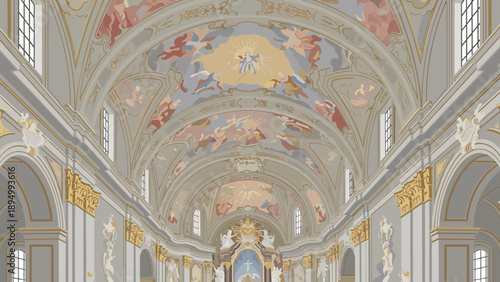 Grand baroque church interior with ornate ceiling frescoes and architectural details