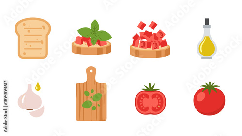 Ingredients for making delicious bruschetta with tomatoes, basil, garlic, and olive oil