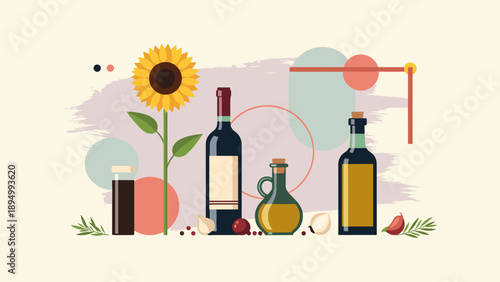 Artistic arrangement of sunflower, wine bottles, and olive oil with abstract shapes