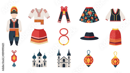 Collection of traditional folk costumes and cultural symbols from Eastern Europe