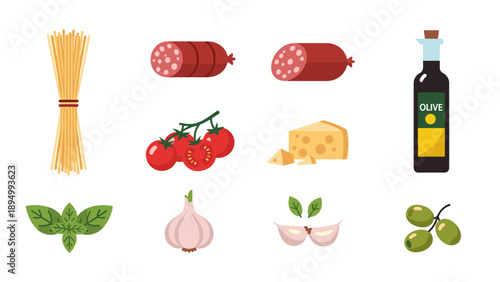 Italian food ingredients arranged in a grid: pasta, salami, tomatoes, cheese, basil, garlic, olives, and olive oil
