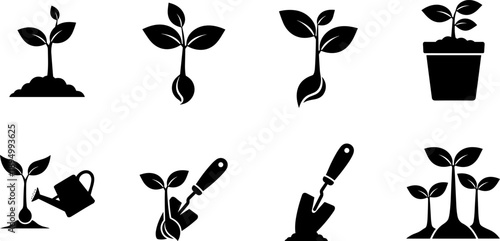 Collection of black icons representing plant growth and gardening activities