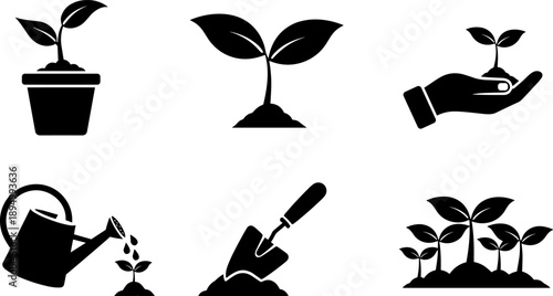 Collection of black icons representing plant growth, gardening tools, and nurturing seedlings