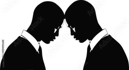 Two business men facing each other silhouette, confrontation and conflict concept, black vector illustration for negotiation, rivalry, argument and leadership themes