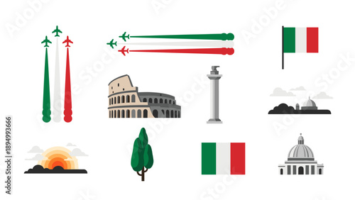 Collection of Italian landmarks and symbols with national flag and air show