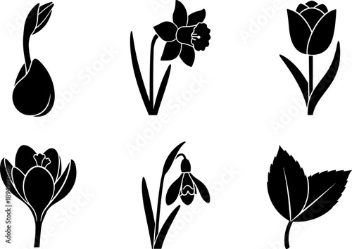 Collection of black and white spring flower icons and a leaf silhouette