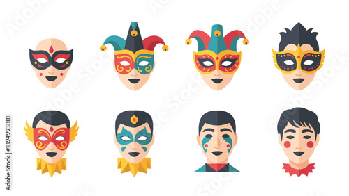 Collection of eight diverse Venetian carnival masks and face paint designs