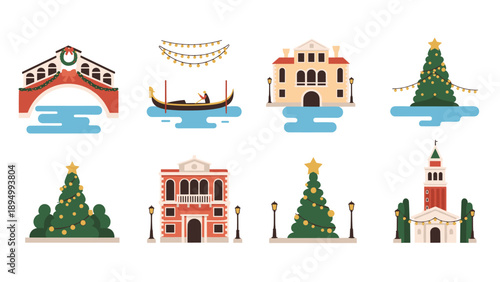 Venice holiday icons featuring gondola, bridge, buildings, and Christmas trees