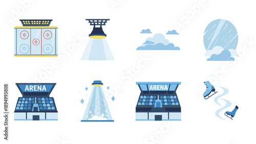 Collection of ice rink, arena, spotlights, clouds, and ice skating icons