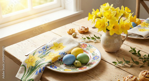 Photography Easter table setting with yellow daffodils and colorful eggs in sunlight, festiv