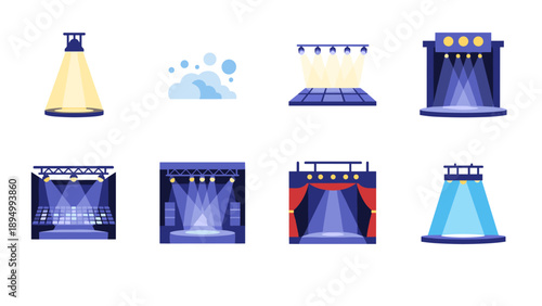 Collection of stage lighting and performance venue illustrations with spotlights and curtains