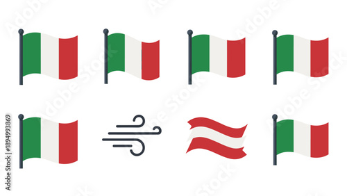 Collection of Italian flags waving in the wind and wind icons