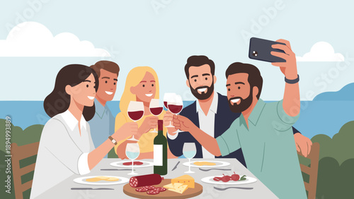 Friends taking a selfie while toasting with wine at an outdoor dinner party by the sea