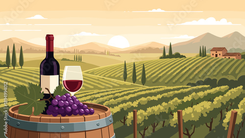 Beautiful vineyard landscape at sunset with wine bottle, glass, and grapes on a barrel