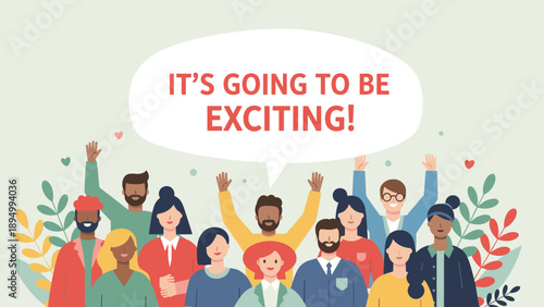 Diverse group of people with hands raised celebrating an exciting announcement