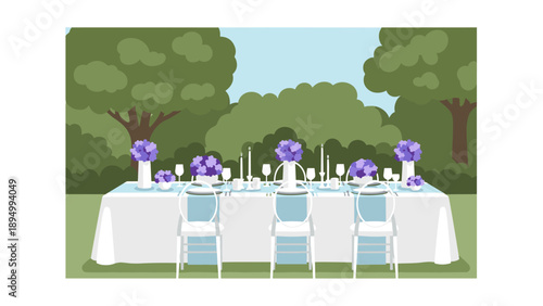 Elegant outdoor wedding reception table setting with floral arrangements and white chairs