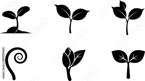 Collection of seedling and plant growth icons representing different stages of development
