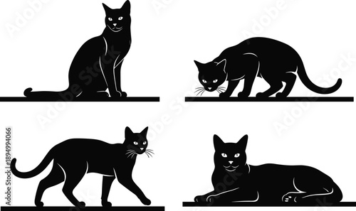 Black cat silhouette set in different poses, sitting, walking and lying, minimalist vector illustration for pet, animal and design concepts