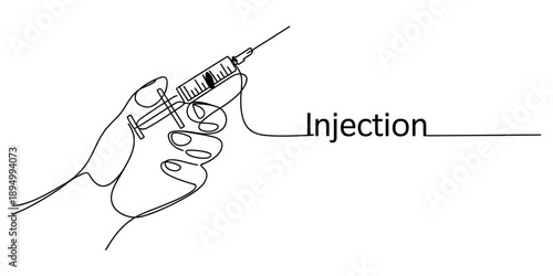 Continuous line drawing of a hand holding a syringe, representing a medical injection concept Vector, illustration