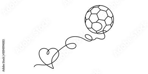 Continuous line drawing depicting a heart morphing into a soccer ball, representing a passion for football Vector, illustration