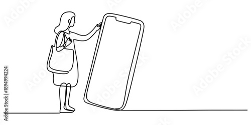 A woman interacting with a large smartphone for online shopping Vector, illustration