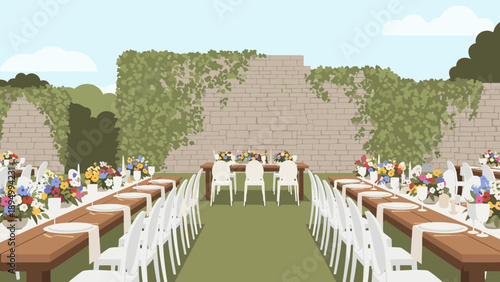 Outdoor wedding reception setup with long tables and floral arrangements in a garden