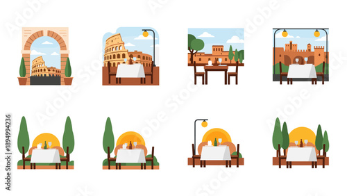 Italian dining scenes with iconic landmarks and outdoor seating arrangements