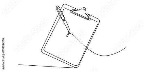 Continuous line drawing of a clipboard and pen symbolizing organization and planning Vector, illustration