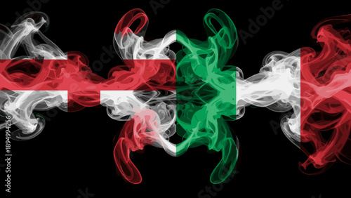 Abstract smoke art merging the flags of England and Italy on a black background