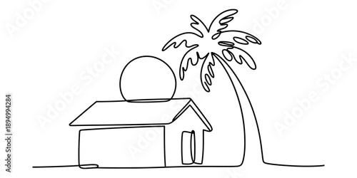 Single continuous line art illustrating a simple house and a tropical palm tree