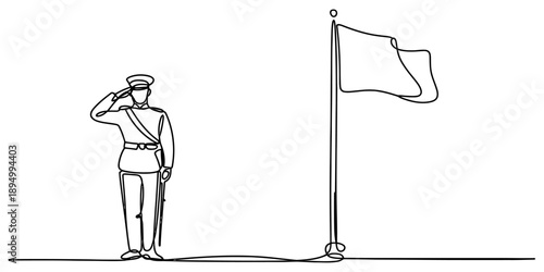 Continuous line art of soldier saluting national flag on flagpole