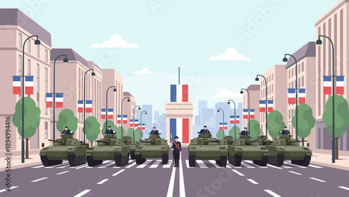 French military parade with tanks and flags celebrating Bastille Day on Champs-Elysees