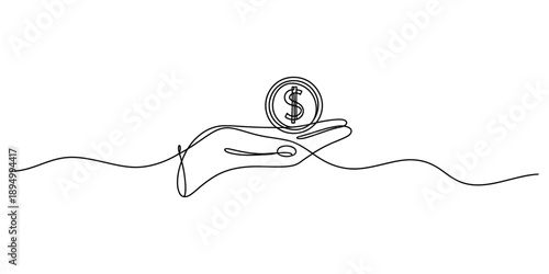Continuous line art drawing of a hand holding a dollar coin