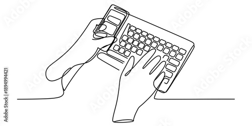 A minimalist continuous line drawing depicting hands engaging with a point-of-sale terminal