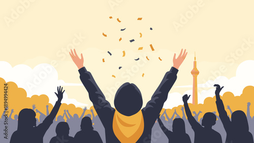 Crowd celebrating with confetti falling and a tower in the background