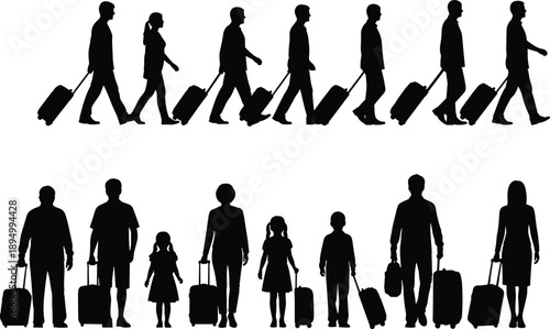 Travel people silhouette set with men, women and children carrying luggage, black vector illustration for tourism, journey, vacation and transportation concepts