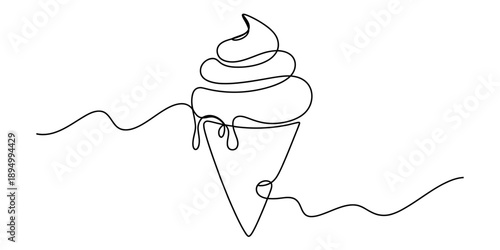 Minimalist single line art drawing of a delicious soft serve ice cream cone illustration