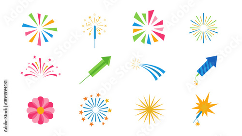 Collection of colorful abstract fireworks and rockets for celebrations and holidays