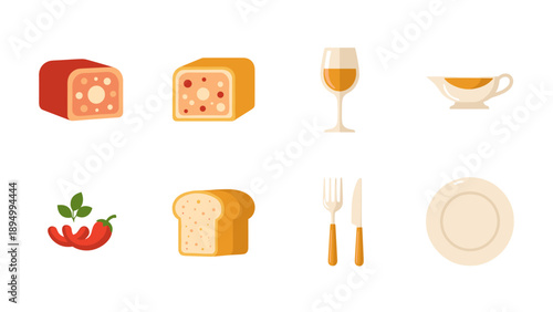 Collection of food and dining icons including bread, meatloaf, wine, and cutlery
