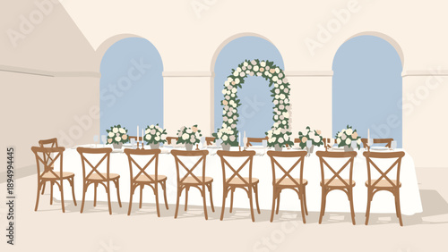Elegant wedding reception table setting with floral arch and cross-back chairs