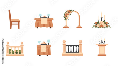Collection of wedding ceremony and reception decorative elements and furniture
